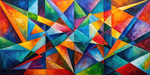 Fototapeta premium An Abstract Composition of Interlocking Triangles in Vibrant Hues of Blue, Orange, and Purple