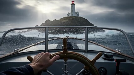 Navigating the rough seas towards a lighthouse, a symbol of guidance and perseverance.