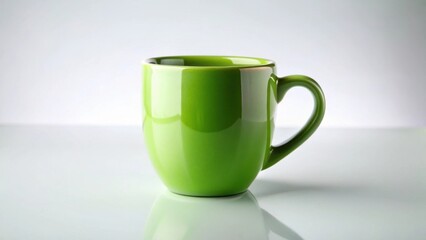 A Vibrant Green Ceramic Mug, Smooth Surface, Elegant Design, Perfect for Hot Beverages, Studio Shot on a Reflective Surface