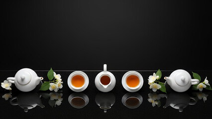 Modern black Qingming festival background with glossy copyspace background and white tea ceremony arrangement. Elegant spring design background with space for text