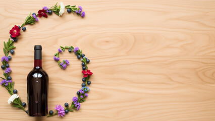 Natural Qingming festival background with wooden copyspace background and curved floral arrangement. Calm spring design background with space for text