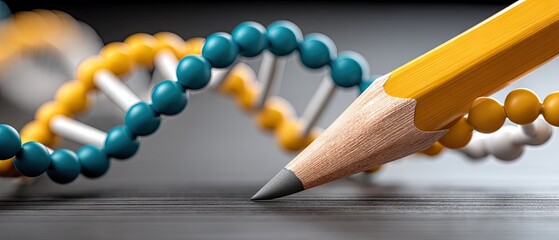 Pencil drawing a dna double helix structure on a black desktop with color effects in high resolution showing close-up details of science and creativity