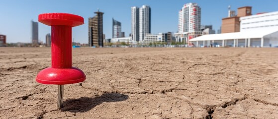 Red push pin stands in cracked ground with city skyline in background representing climate change and urban life in dry conditions