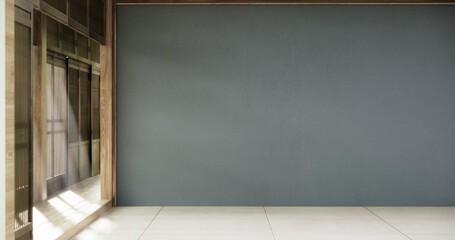 Dark blue color empty room zen style and decoraion wooden design, earth tone.3D rendering