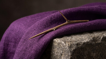 Sharp wooden thorn resting on purple linen fabric and rough stone. Christian symbol of the Passion of Jesus Christ and the Crown of Thorns. Religious concept for Lent and Good Friday.