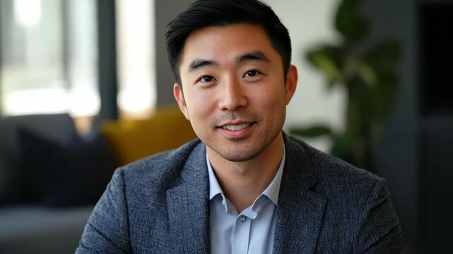 confident asian businessman portrait in modern office. happy young professional man looking at camera. corporate headshot. resume, business profile