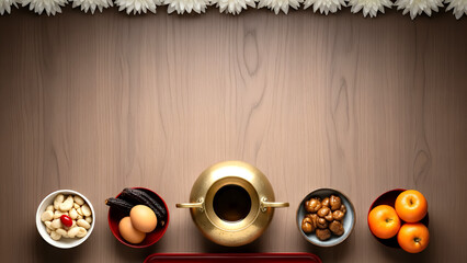 Warm wooden Qingming festival background with centered copyspace background and traditional offering arrangement. Calm spring design background with space for text