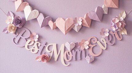 Best mom ever paper banner with origami hearts, pastel purple mother day decoration, handmade floral craft garland, festive greeting celebration background, for holiday, love, family, gift.
