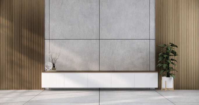 Cabinet on scene living room wall decoration and granite tiles floor.3D rendering