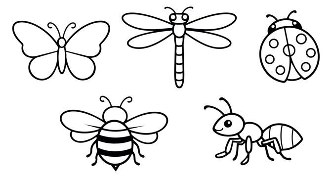 Hand drawn line art insect set featuring a butterfly, dragonfly, ladybug, bee, and ant for children's design