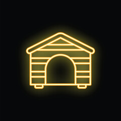 Yellow neon icon of wooden doghouse glowing on black background
