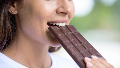 Young woman bites large dark chocolate bar outside. Girl enjoys sweet cocoa dessert in summer. Happy person eats candy, feeling pleasure. Healthy lifestyle choice concept