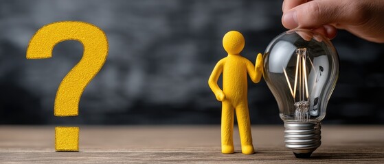 Chalk drawing of a stick figure with a question mark and a light bulb on a blackboard background showing the thinking process about ideas and creativity