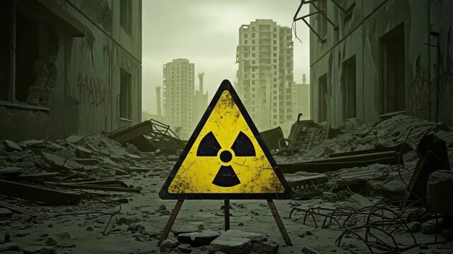 A radiation warning sign in a post-apocalyptic cityscape for the concept of danger and environmental disaster.