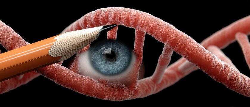 Pencil writes on dna double helix structure showcasing precision medicine with space for text on left side in dark setting - Powered by Adobe