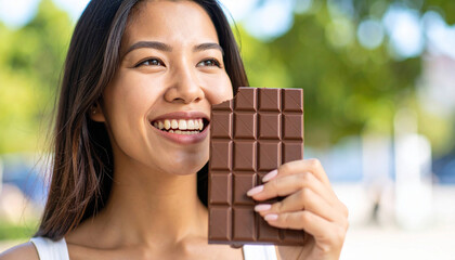Young woman bites large dark chocolate bar outside. Girl enjoys sweet cocoa dessert in summer. Happy person eats candy, feeling pleasure. Healthy lifestyle choice concept