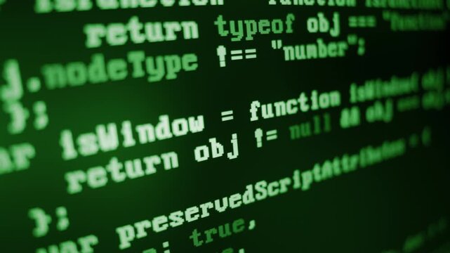 Close up of computer monitor screen with green programming code, hacker background, software development, cyber security, coding technologies and digital innovation concept