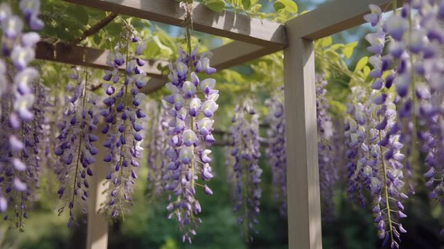 Purple wisteria flowers swaying gently in garden