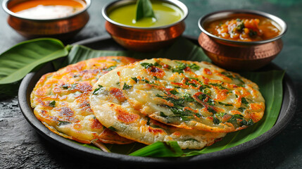 Vegetable Uttapam Served with Chutney and Sambar.