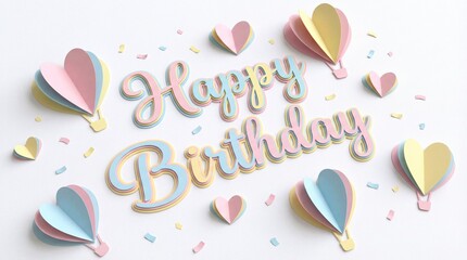 Happy birthday 3d paper cut pastel typography, heart shaped hot air balloons background, cute greeting card design, colorful confetti celebration concept, festive origami craft style, for invitation.