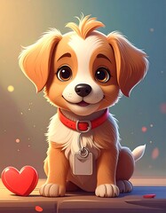 A cute cartoon puppy, sporting brown and white fur, a red collar, and an adorable heart. Background has soft lighting