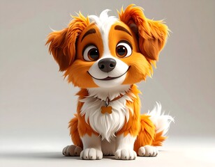 A cute cartoon puppy with orange and white fur, smiling with large brown eyes, sitting against a neutral background