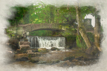 Slitting Mill, Rugeley digital watercolour painting of the arched stone bridge and waterfall.