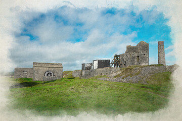 Digital watercolour painting of Magpie Mine in the Derbyshire Peak District National Park.
