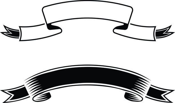 two handdrawn vintage banners and ribbons vector art in black and white, scroll banner set 