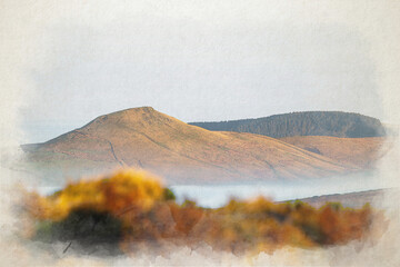 A digital watercolour illustration of Shutlingsloe Hill through the mist during a winter sunrise cloud inversion.