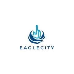 silhouette of eagle and urban buildings for construction, real estate, hotel, apartment logos