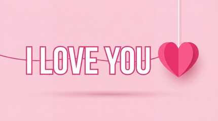 Paper cut pink heart hanging on string with I love you text, romantic valentine day greeting card background, 3d origami love symbol, minimalist pastel banner for wedding, anniversary, dating app.