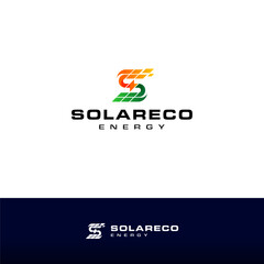 letter S with solar panel accent, green energy and environment for solar system and eco-friendly energy logo