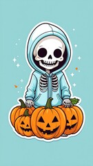 A cute cartoon skeleton wearing a blue hoodie, seated in front of three carved jack-o-lanterns with a light blue background