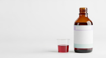 Pharmaceutical brown bottle of cough syrup and a dose in a cup, representing a medical treatment and health care concept