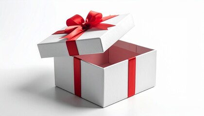 Obraz premium Open white gift box with red ribbon on clean white background