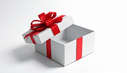 Obraz premium Open white gift box with red ribbon on clean white background