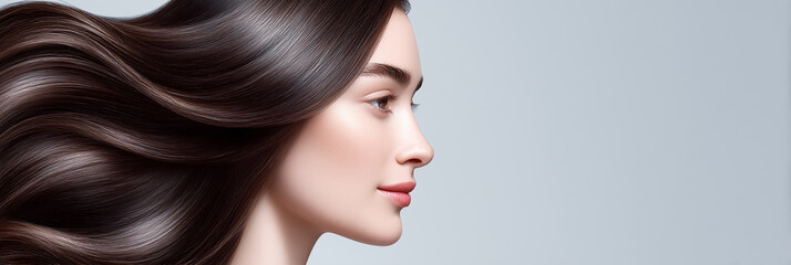 A woman with long, flowing, shiny brunette hair against a clean background with copy space for text