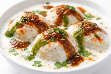 Delicious dahi bhalla with yogurt, tamarind, and mint chutney garnished with spices and herbs. holi festival in india
