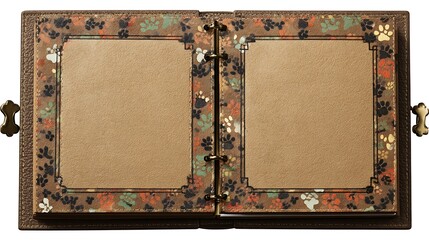 Brown leather album with paw print and blank beige pages blank pages