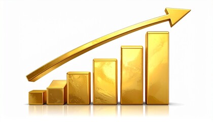 3D gold bar graph in ascending order with glowing upward arrow on dark background, symbolizing growth.