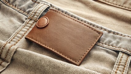 A close-up showing a brown leather patch sewn onto a pair of beige twill pants