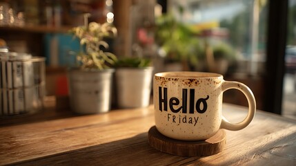 Ceramic mug on wooden coaster with hello friday text on table wooden table potted plants