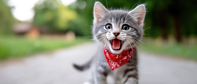 Cute cat in cowboy hat and red bandana riding in a sunny park with its mouth open and tongue out, enjoying the warm outdoor day with a vibrant green backdrop