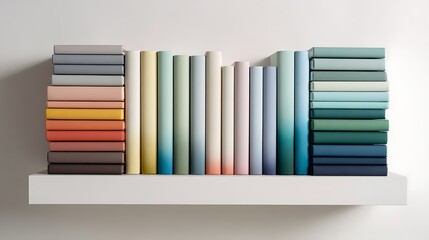 Colorful books on white shelf against white wall rainbow