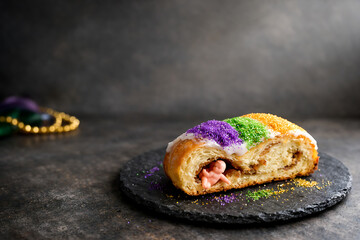 Delicious King Cake with baby inside on black slate plate Mardi Gras celebration