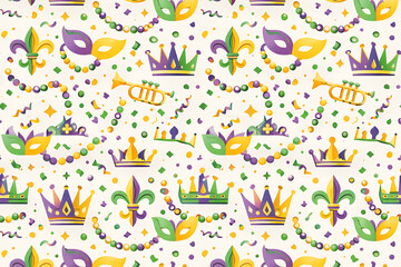Vibrant Mardi Gras celebration pattern with colorful beads and masks