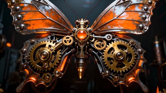 Mechanical butterfly with brass gears and orange enamel wings rests in dim workshop lighting. Intricate cogs and rivets form a symmetrical mechanical insect with warm metallic tones and industrial tex