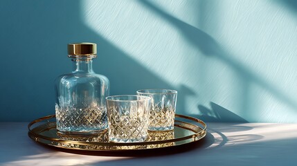 Crystal decanter and two glasses on gold tray with blue wall background shadows