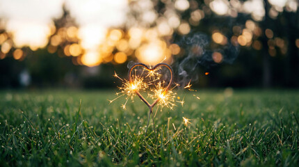Heart-shaped sparkler glowing in grassy field at sunset  